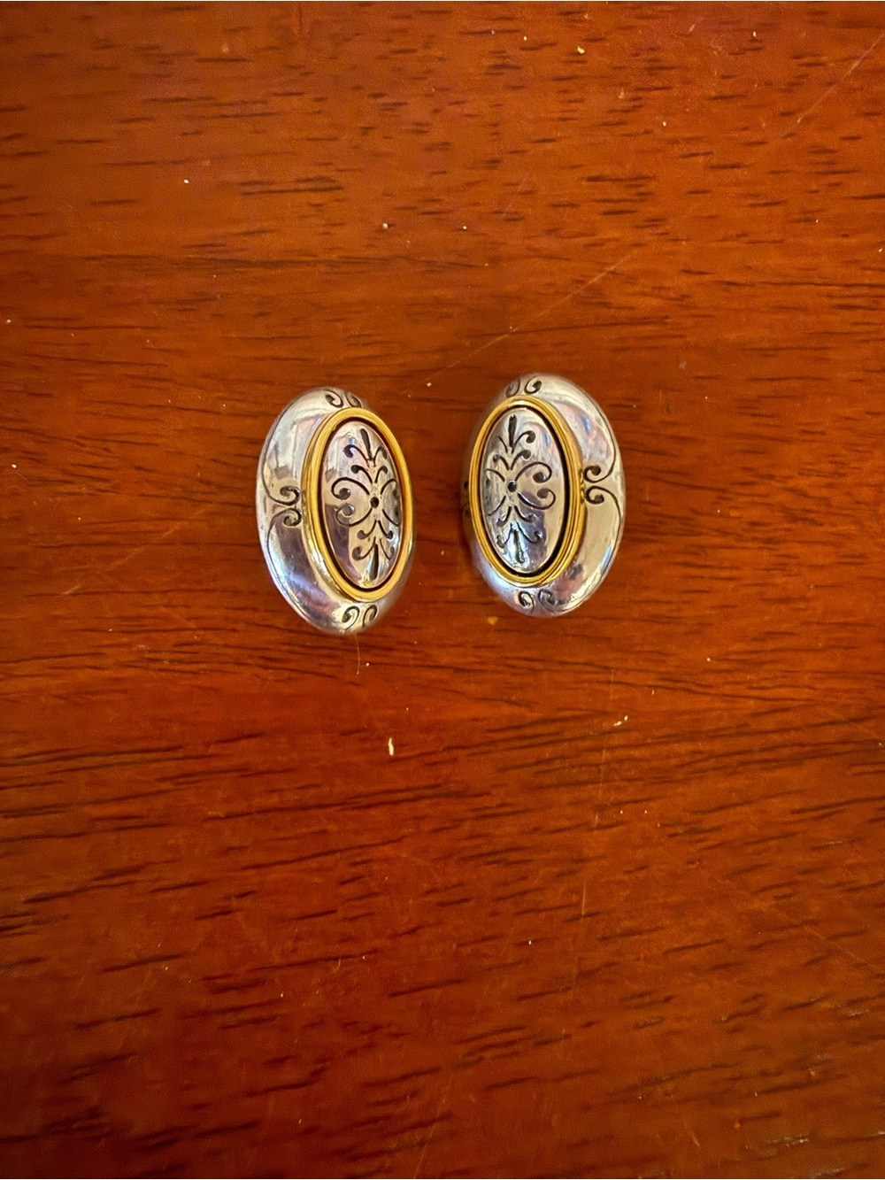Silver and Gold Oval Filigree Clip-On Earrings